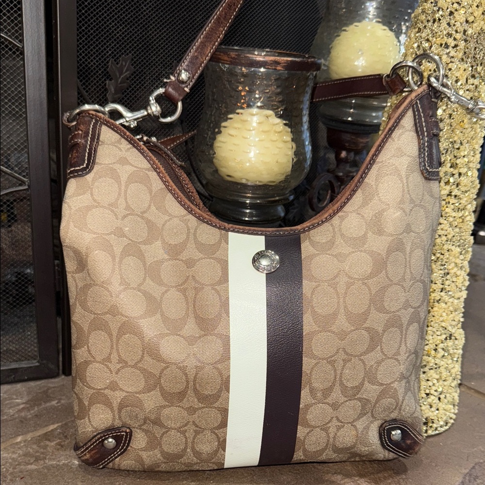 Coach Brown and Cream Signature Stripe Shoulder Bag and crossbody